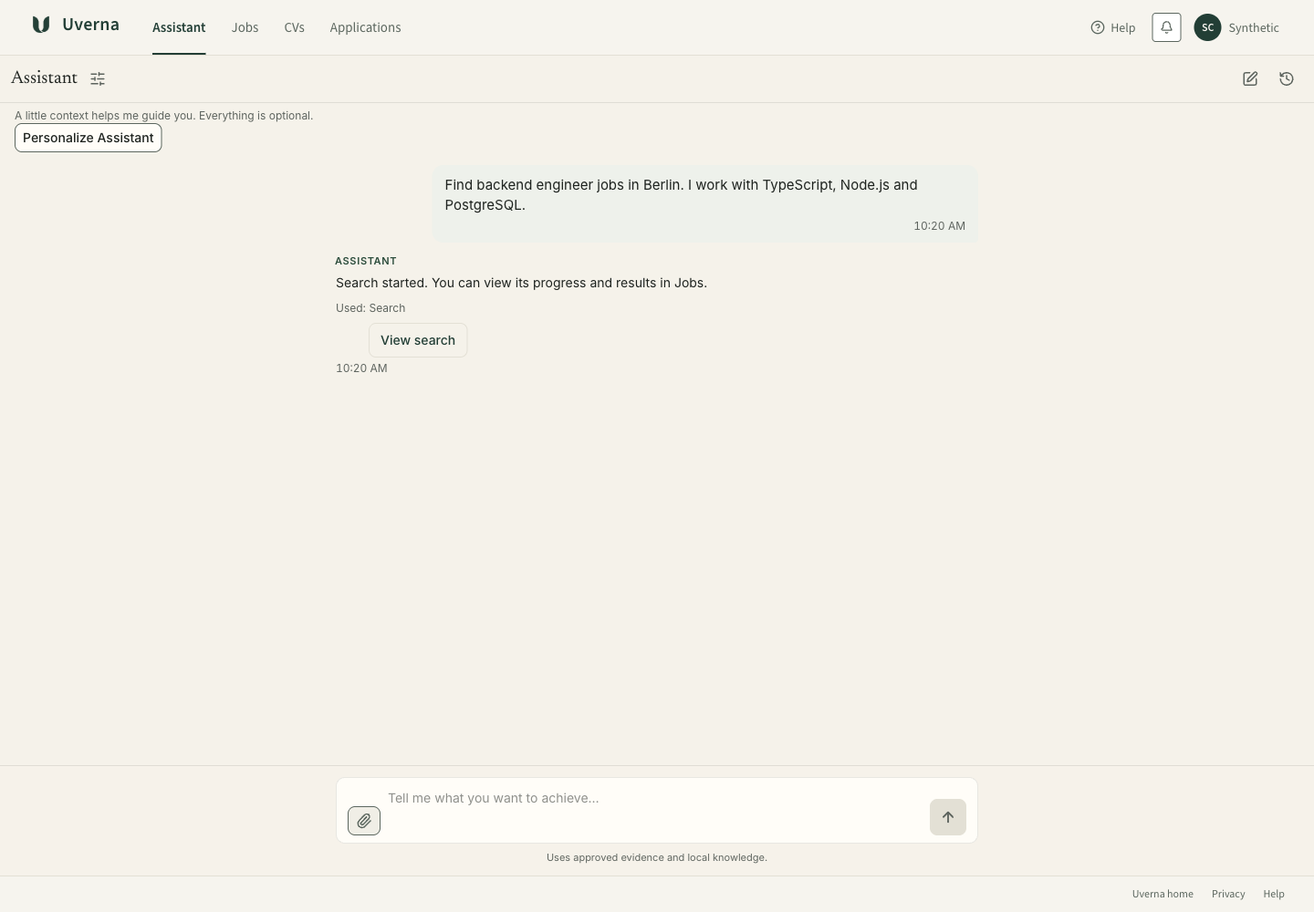 A job-search conversation in the actual Assistant.